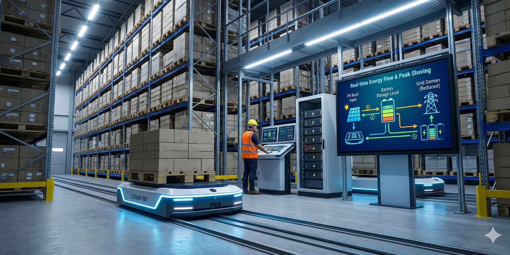 Innenansicht Hochregallager: Li-Ion-AGV transportiert Palette. Monitor zeigt Grafik zum Energiemanagement: PV-Strom lädt Batterien und senkt Lastspitzen.